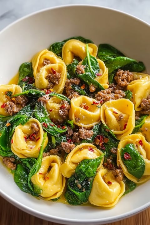 A bowl of garlic butter beef tortellini.