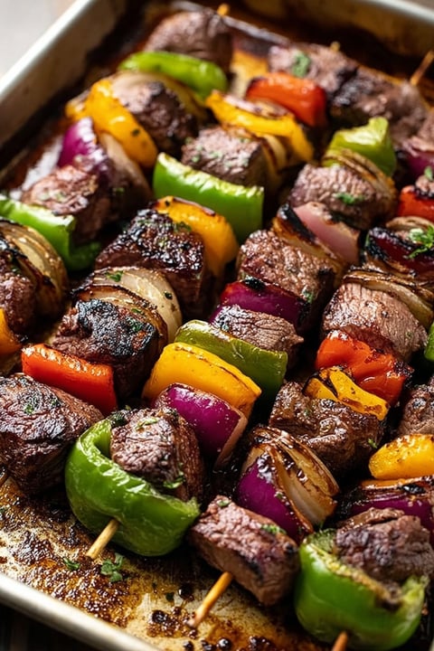 Grilled beef kabobs with peppers and onions.