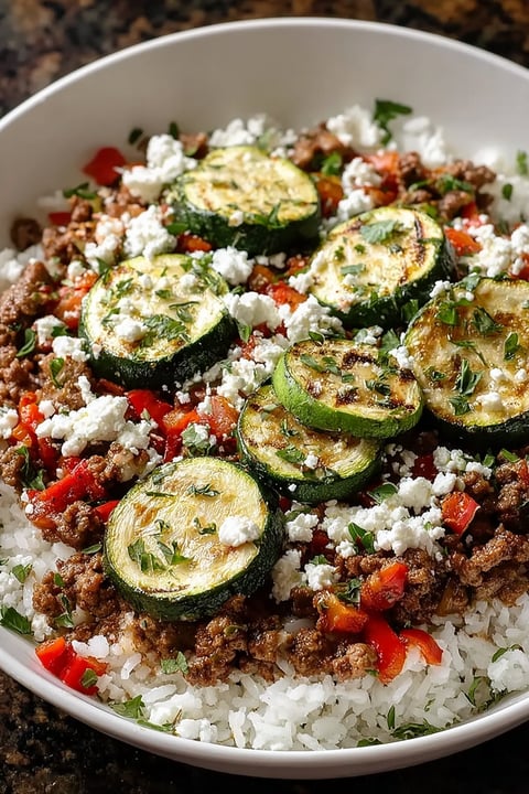 A Greek beef zucchini rice bowl.