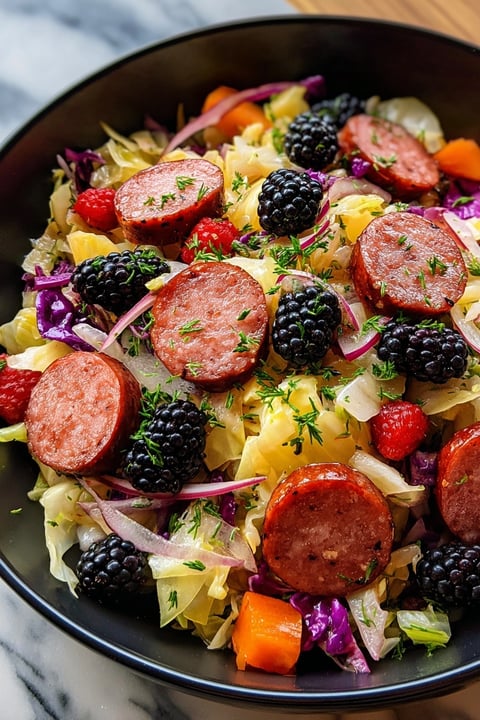 A bowl of food with meat, vegetables, and fruit.