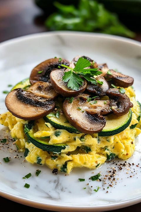 A plate of food with mushrooms and zucchini.