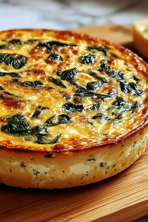 A quiche with spinach and cottage cheese.