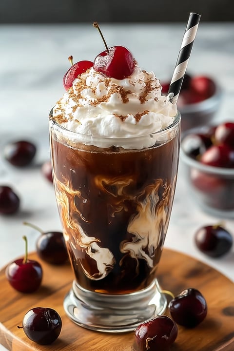A glass of dark cherry mocha cold brew.