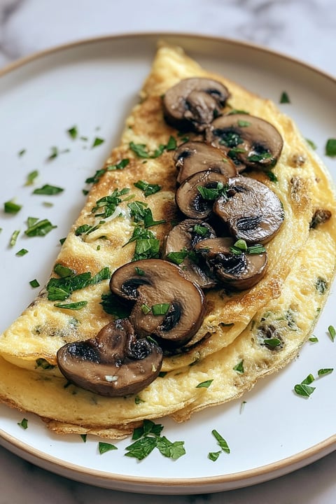 A mushroom and swiss omelet on a plate.