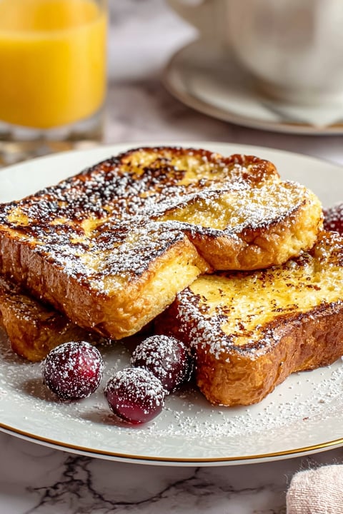 French toast with powdered sugar and fruit.
