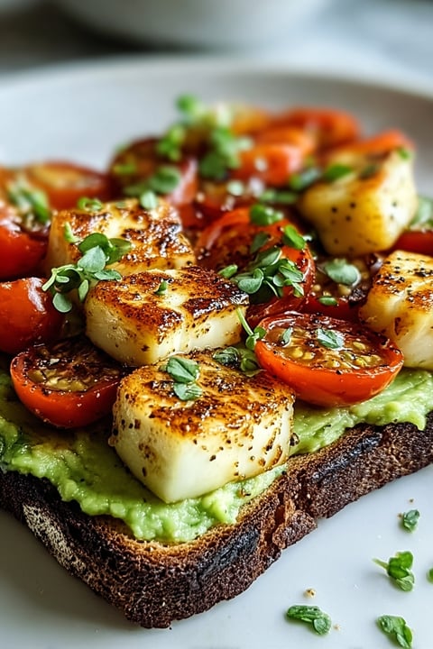 A slice of toast with avocado and tomato.
