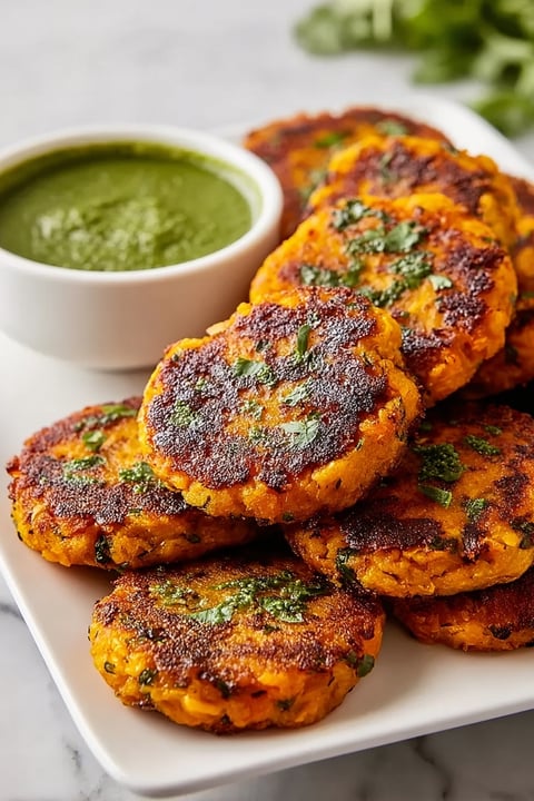 A plate of potato crispers with a green dip.