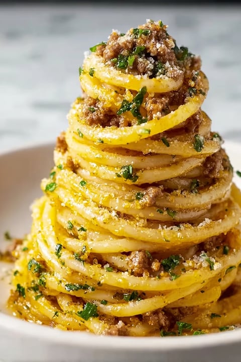 A stack of creamy Parmesan beef linguine.