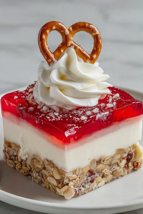 A dessert with a pretzel and strawberry on top.