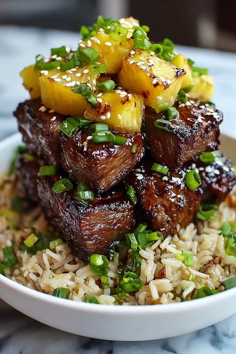 A bowl of rice with beef and pineapple on top.