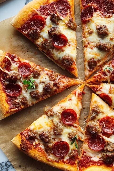 A slice of meat lover's pizza.