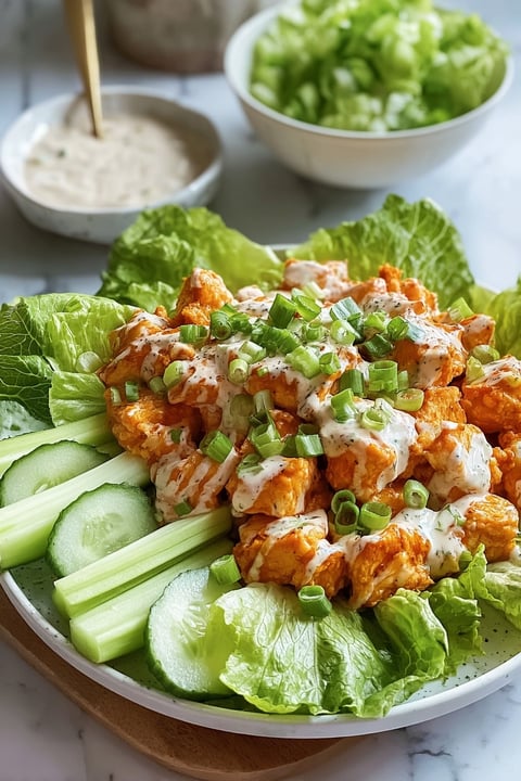 A plate of buffalo chicken salad with lettuce and cucumbers.