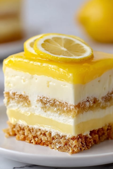 A slice of lemon tiramisu with a lemon wedge on top.