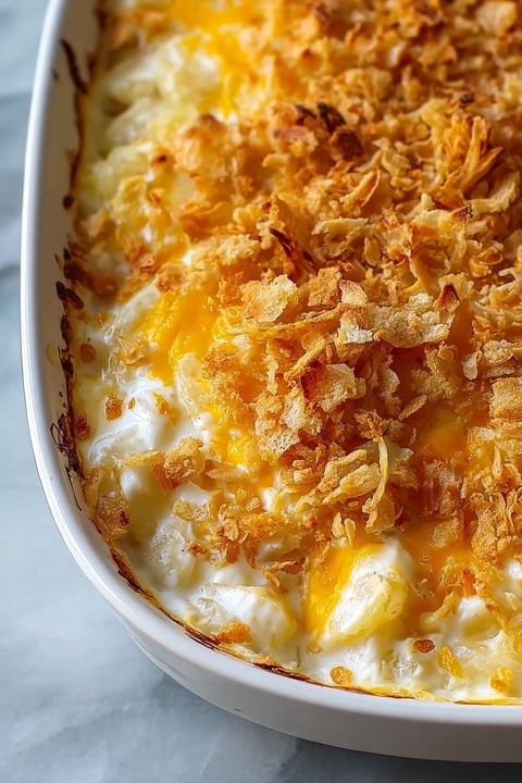 A dish of cheesy potatoes.