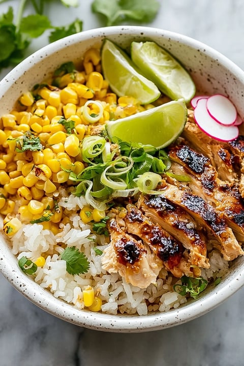 A bowl of food with rice, chicken, corn, and lime.