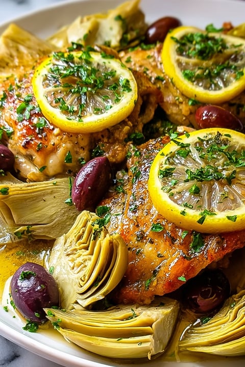 A dish of chicken with lemon slices and olives.