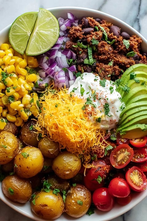 A loaded potato taco bowl with various toppings.
