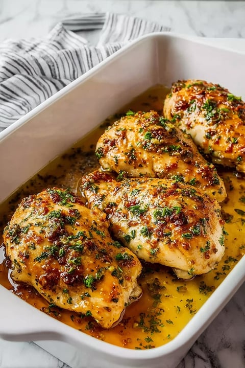 A dish of baked chicken with a sauce.