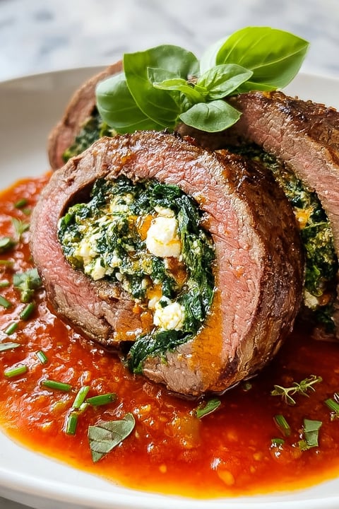 A beef braciole with greens and cheese.