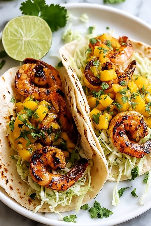 Two shrimp tacos with lime and coconut.