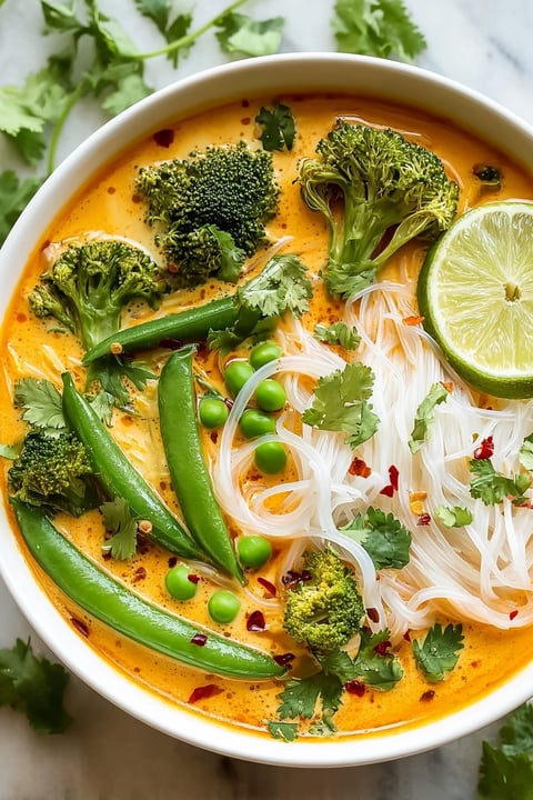 A bowl of spicy Thai curry noodle soup.