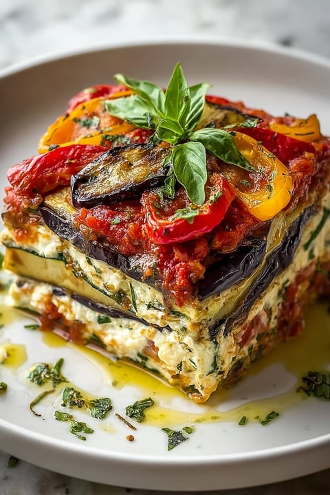 A layered vegetable lasagna with tomatoes, spinach, and basil.