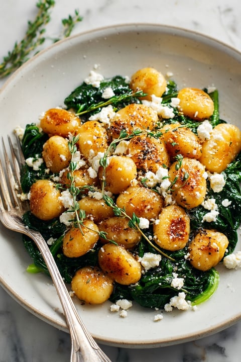 A plate of food with gnocchi, spinach, and feta cheese.