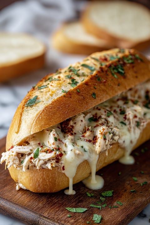 A cheesy chicken garlic bread sandwich.