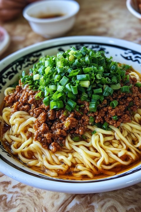 A bowl of noodles with meat and vegetables.