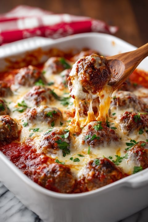 A close up of a meatball casserole with cheese and sauce.