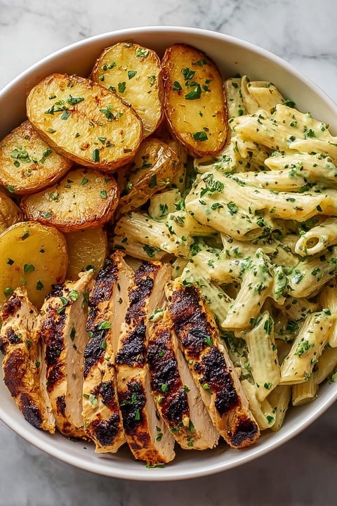 A bowl of food with chicken, potatoes, and pasta.