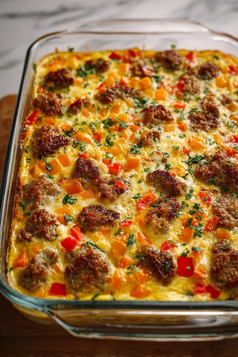 A casserole with Italian sausage and peppers.