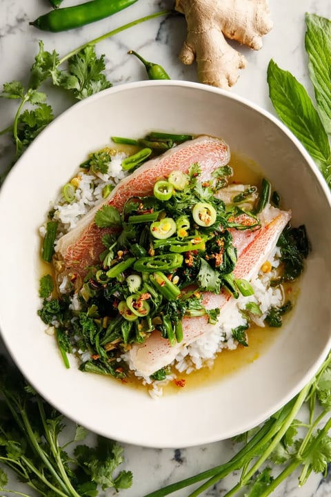 A bowl of Asian steamed fish with vegetables.