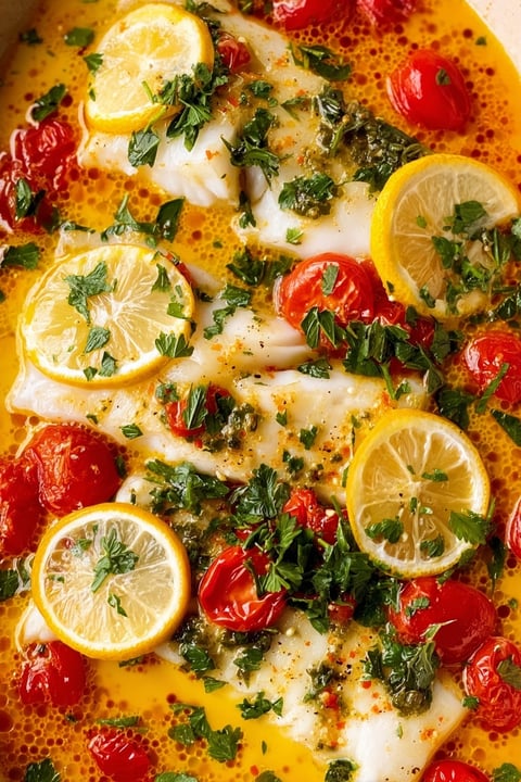 A dish of fish with tomatoes and lemon slices.