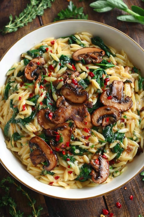 A bowl of creamy spinach and mushroom orzo.
