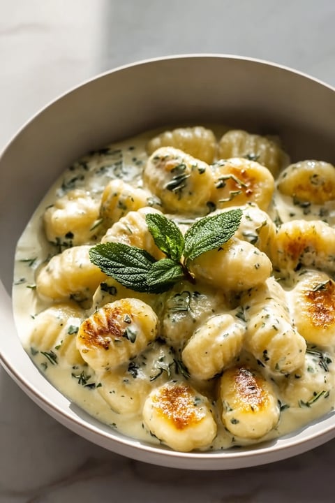 A bowl of gnocchi with sauce and a green garnish.