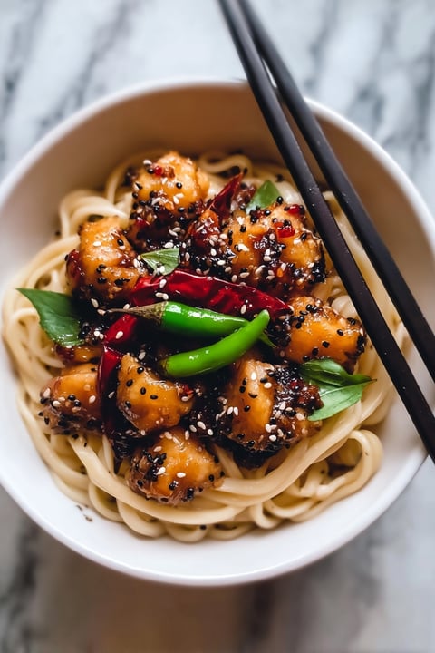 A bowl of noodles with peppers and black pepper sauce.