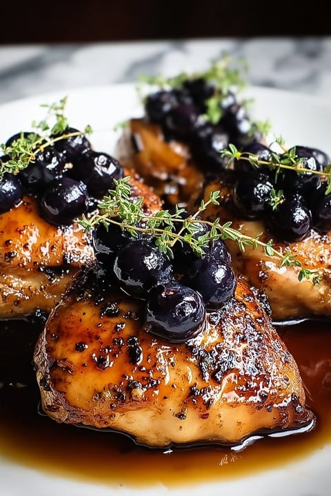 A plate of chicken with blueberries and thyme.