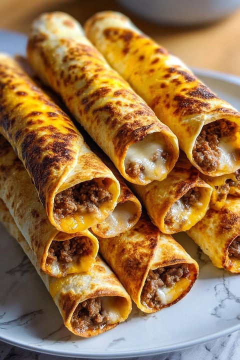 Baked beef flautas with cheese dip.