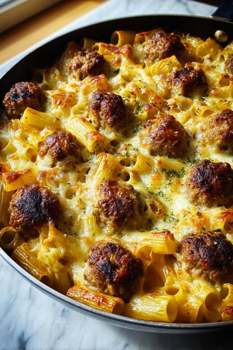 A delicious Swedish meatball noodle bake.