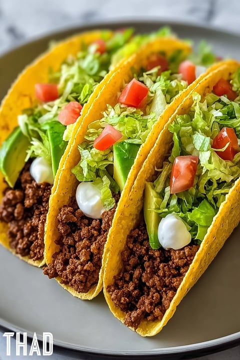 Two beef tacos with lettuce and tomatoes.