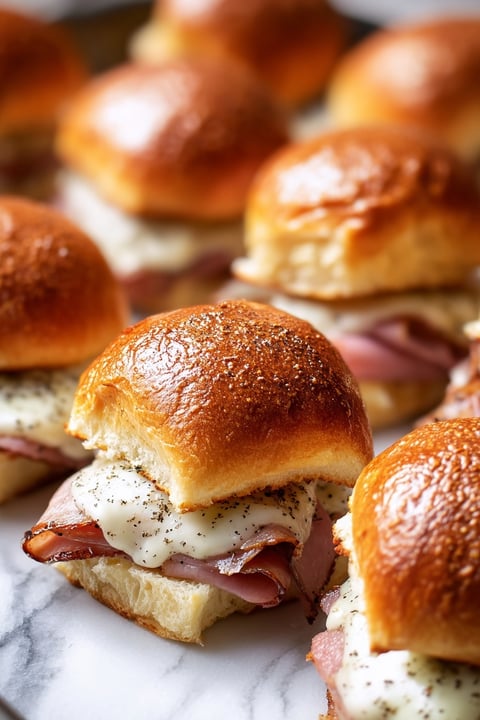 A plate of saucy roast beef and swiss sliders.