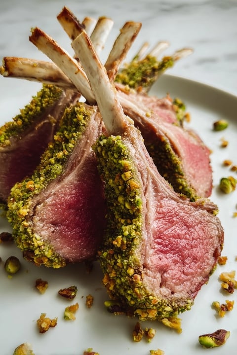 A rack of lamb with pistachio-crusted meat and herbs.