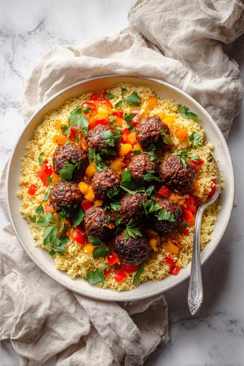 A bowl of Moroccan Tagine with Rice, Vegetables and Meatballs.