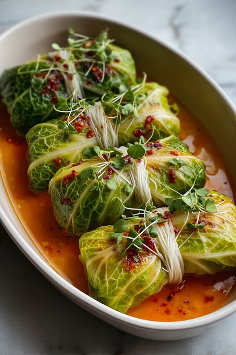 Stuffed cabbage rolls with red peppers and greens.