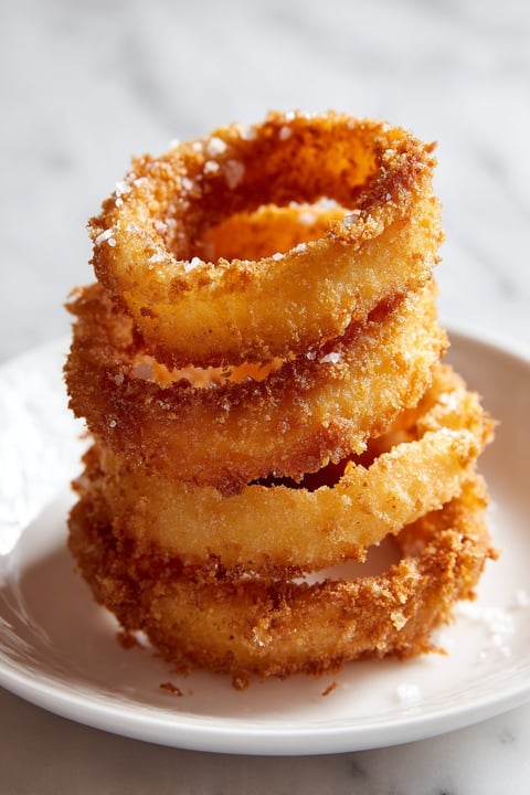 A stack of crispy homemade onion rings.