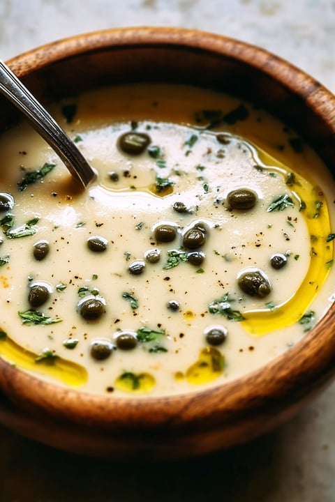 A bowl of soup with a spoon in it.