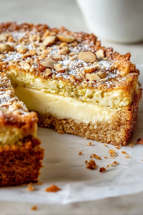 A slice of pistachio gooey butter cake.