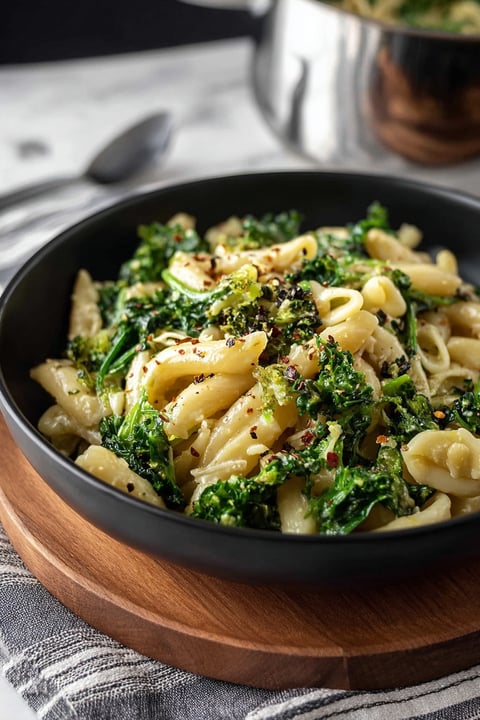 A bowl of pasta with broccoli and cheese.