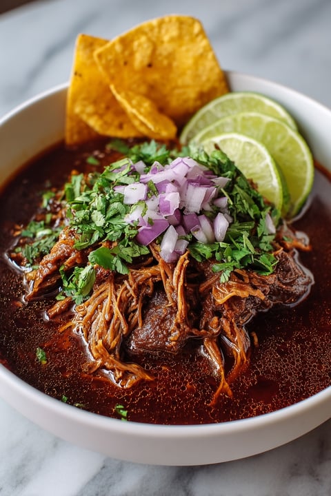 A bowl of slow cooker beef birria with onions and limes.